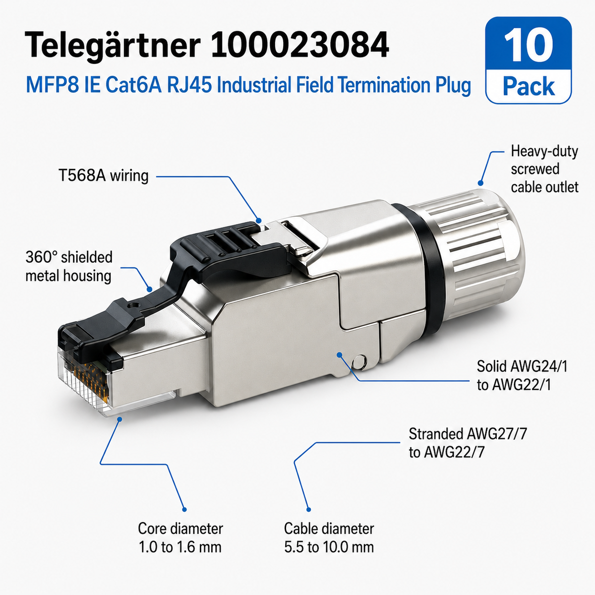 Cat6A RJ45 Industrial Field Termination Plug T568A AWG24 to 22 Telegärtner 100023084 Pack of 10
