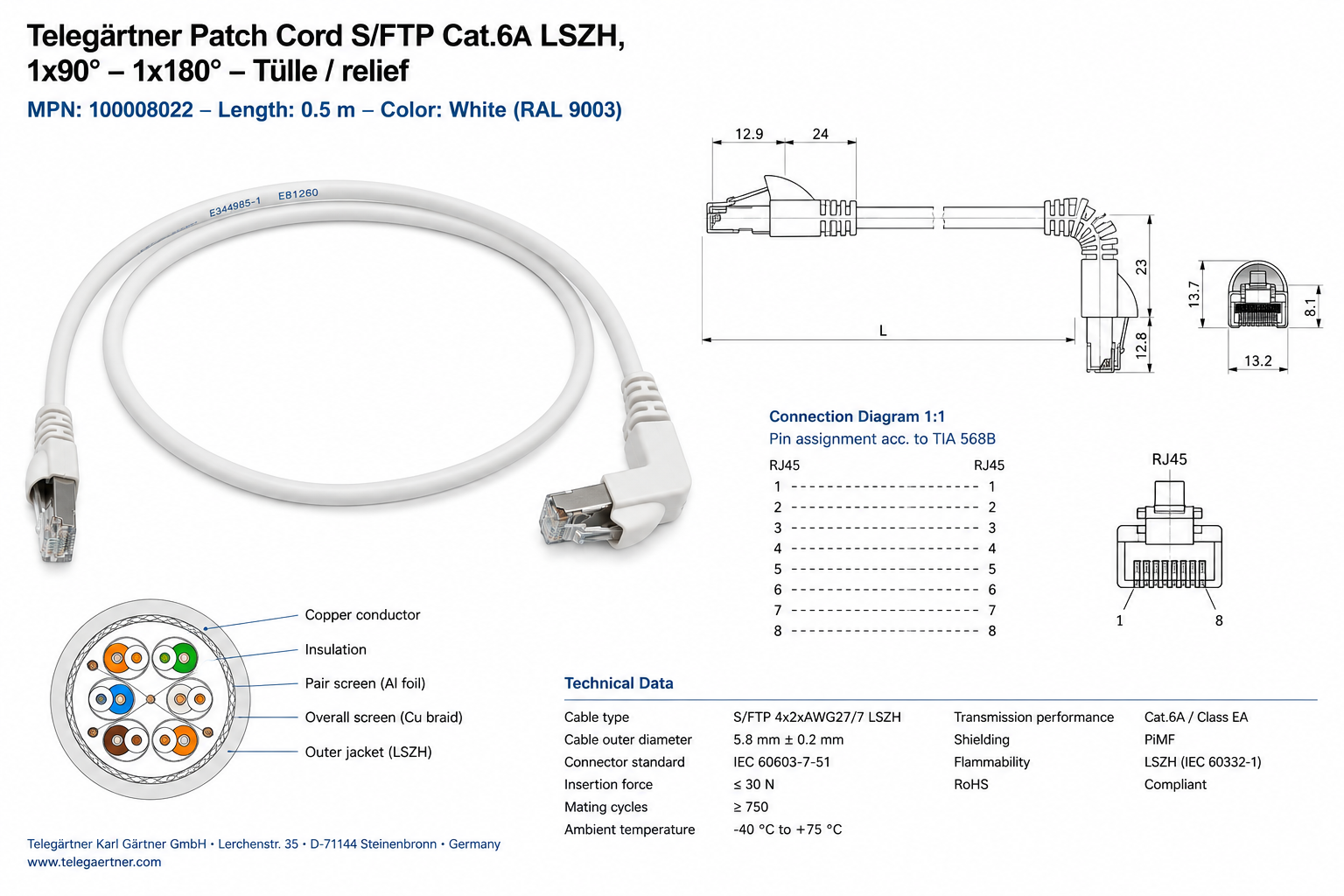 Telegartner 100008642 Patch Cord Cat.6 LSZH with technical specifications, connection diagram, pin assignment, and cross-section diagram on a white background.