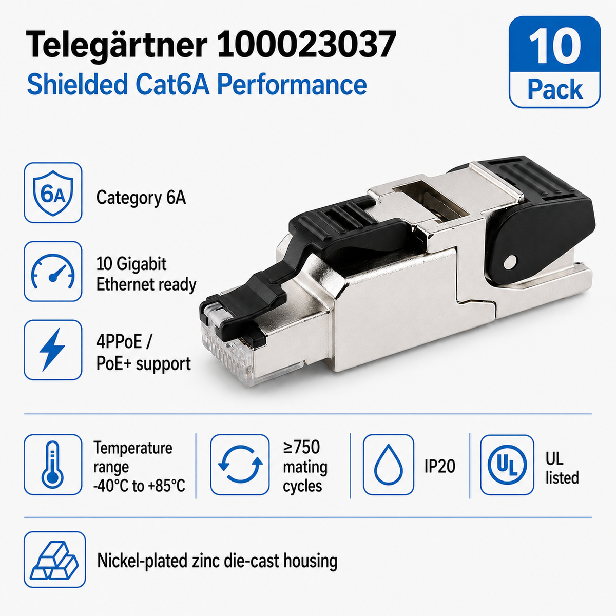 Cat6A RJ45 Field Termination Plug T568A AWG24-22 Telegärtner 100023037 MFP8 Pack of 10