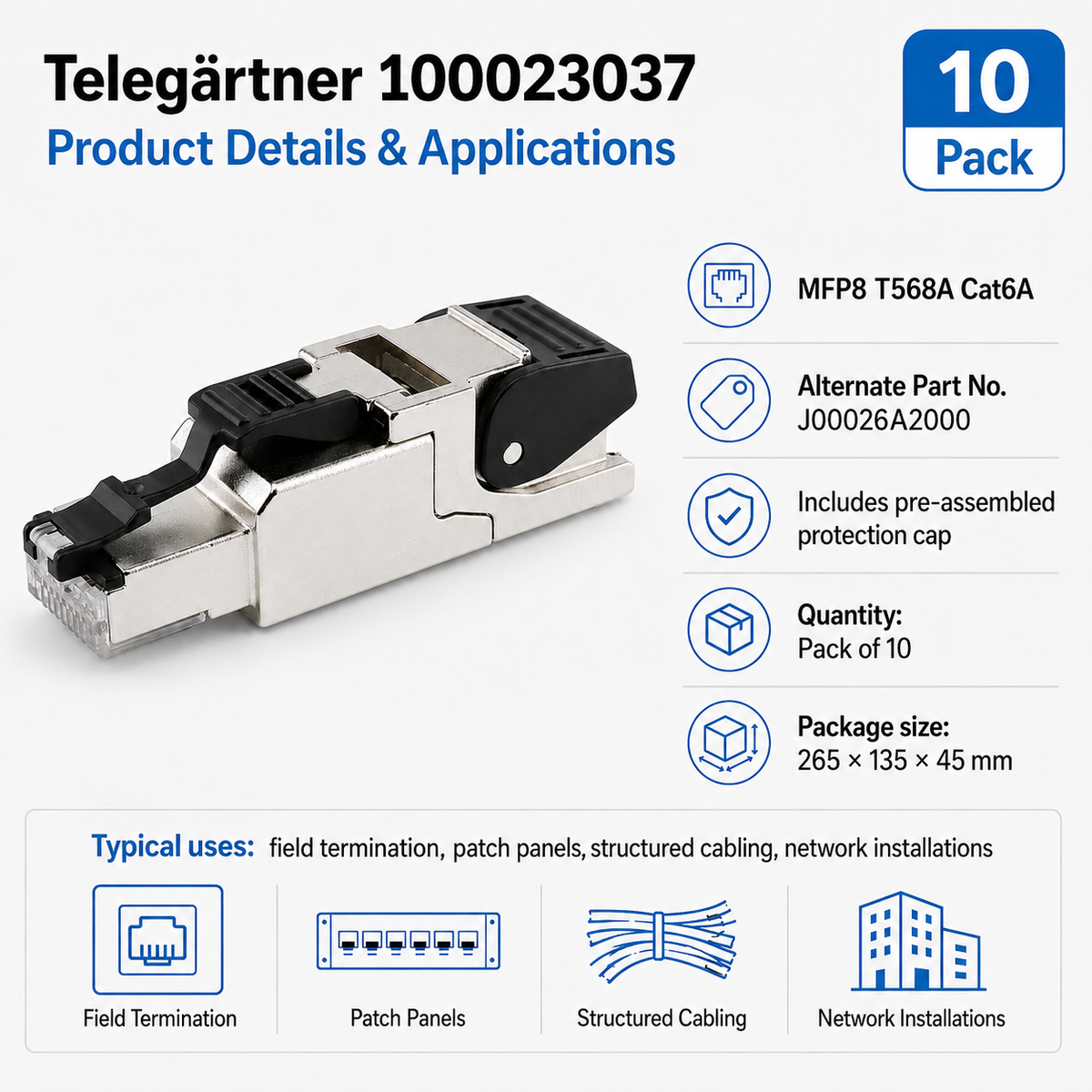 Cat6A RJ45 Field Termination Plug T568A AWG24-22 Telegärtner 100023037 MFP8 Pack of 10