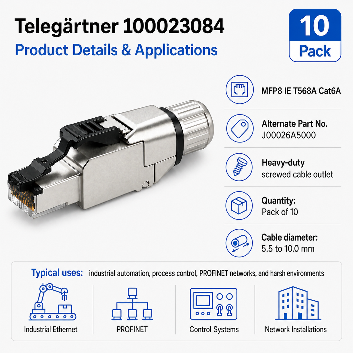 Cat6A RJ45 Industrial Field Termination Plug T568A AWG24 to 22 Telegärtner 100023084 Pack of 10