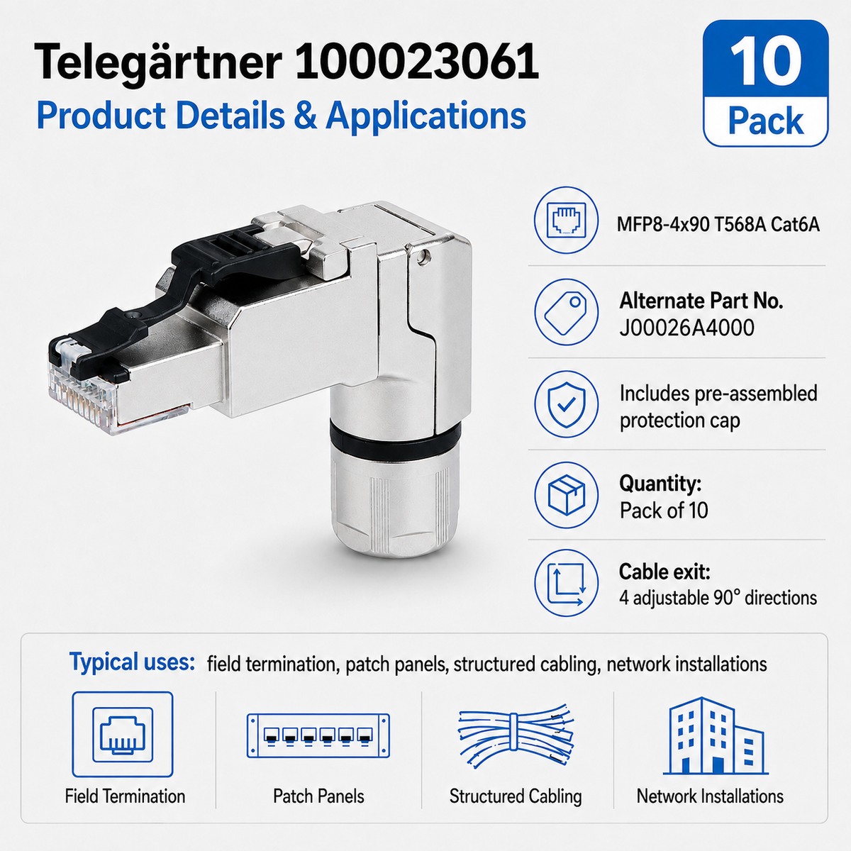 Cat6A RJ45 Right Angle Field Termination Plug T568A AWG24 to 22 Telegärtner 100023061 Pack of 10