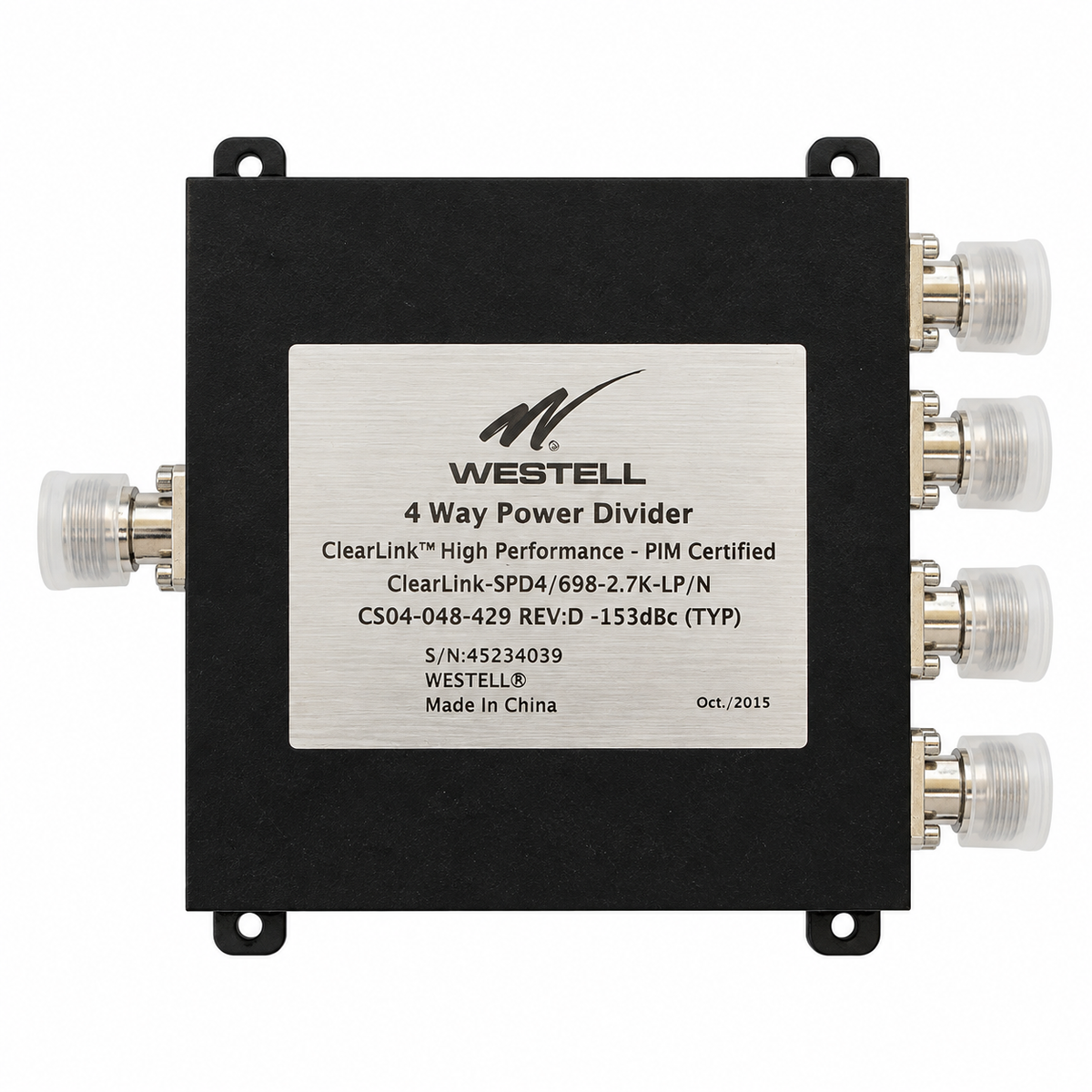 Westell ClearLink CS04-048-429 4 Way Low PIM Power Divider 698–2700 MHz 50W N Female